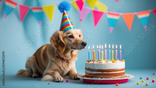 Lovely canine with a festive hat and a birthday cake