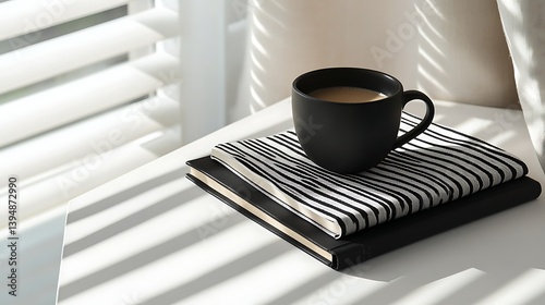 A bold graphic book, a striped muffaral, and a matte black cup on a minimalist table 