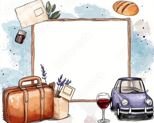 European Vacation Concept: A dreamy 2D illustration with vintage travel elements like a classic suitcase, baguette, car with luggage, postcard, red wine, and lavender, framed by a soft, sketch-style b photo