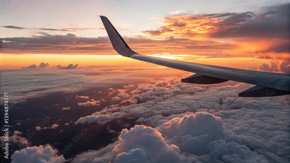 Obraz premium Sunset view from an airplane wing above fluffy clouds.