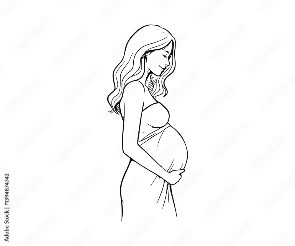 An artistic rendering of a pregnant woman’s profile, created by hand. The image is monochrome, displayed on a white canvas. An artistic rendering of a pregnant woman’s profile, created by hand. The image is monochrome, displayed on a white canvas.