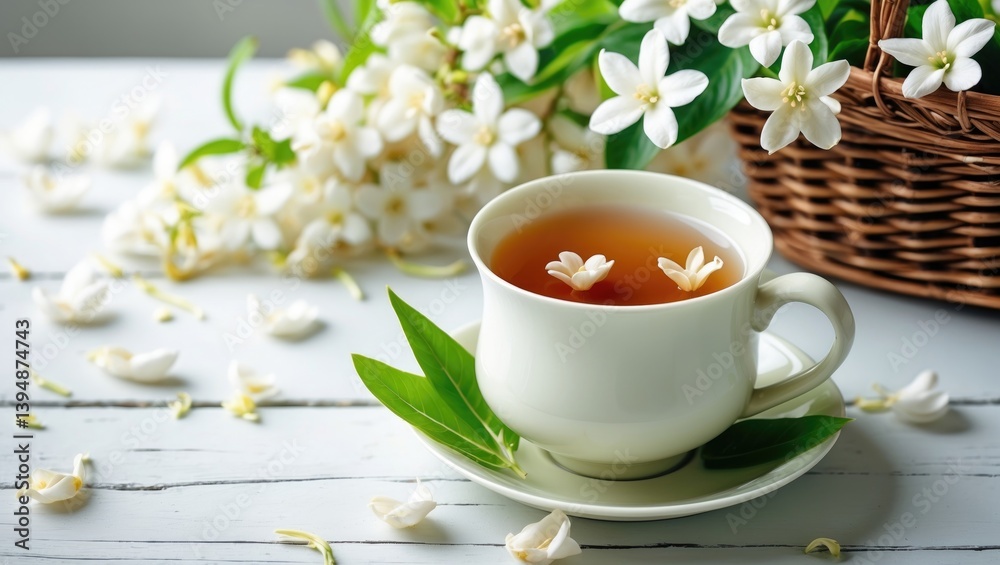 Tea cup featuring jasmine flowers on a wooden surface Tea cup featuring jasmine flowers on a wooden surface