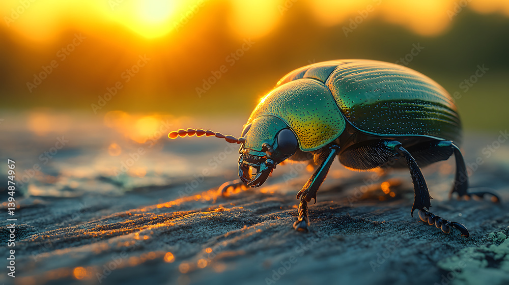 Photography capturing a beetle crawling over a wooden surface, its metallic green exoskeleton shimmering in the sun’s rays.