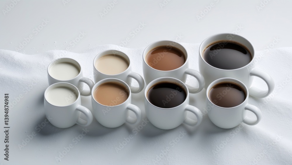 Coffee cups creatively displayed to form a gradient color palette against a white backdrop Coffee cups creatively displayed to form a gradient color palette against a white backdrop