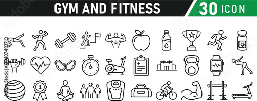 Gym and fitness 30 icon set. Healthy lifestyle, weight training, body care, and workout or exercise equipment are icons. Icons vector collection.