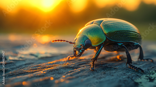 Obraz na płótnie Photography capturing a beetle crawling over a wooden surface, its metallic green exoskeleton shimmering in the sun’s rays. w salonie