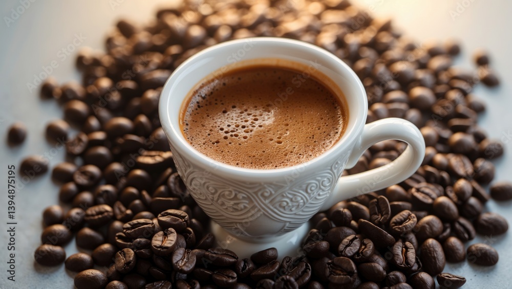 Obraz premium Coffee mug over a coffee beans surface. Methods for preparing flavorful coffee.