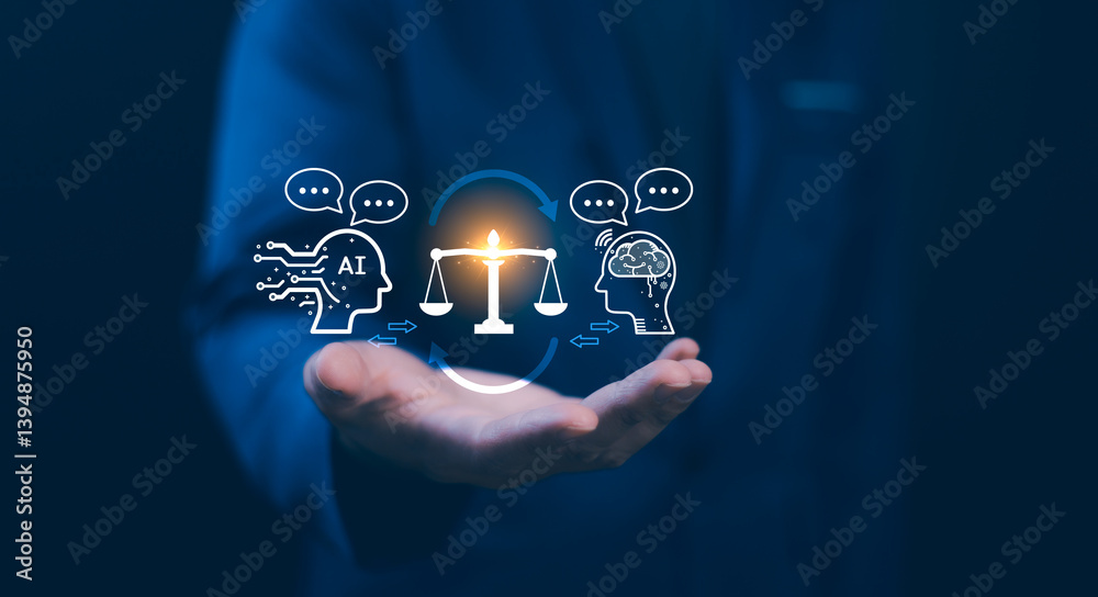 AI ethics or AI Law concept. Developing AI codes of ethics. Compliance, regulation, standard , business policy and responsibility for guarding against unintended bias in machine learning algorithms.