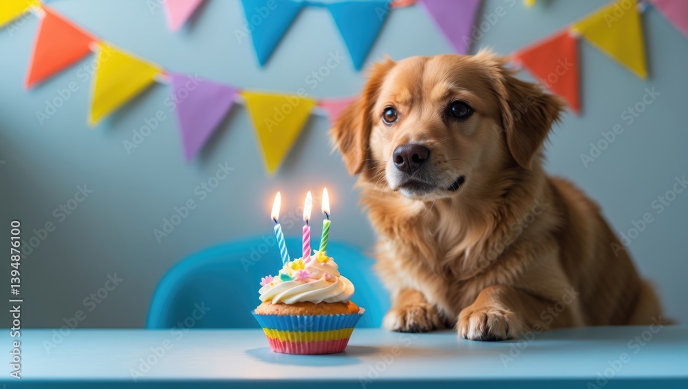 Charming dog celebrating with a cupcake and colorful bunting