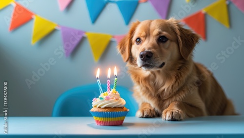 Obraz na płótnie Charming dog celebrating with a cupcake and colorful bunting w salonie