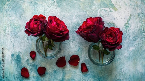 Romantic floral arrangement featuring deep red roses in simple glass containers, rose petals scattered on a soft blue canvas.