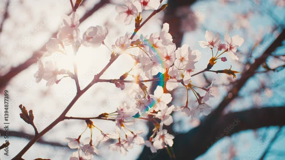 桜の花が風にゆれる暖かい春の風景 スローモーション 逆光 桜の花が風にゆれる暖かい春の風景 スローモーション 逆光