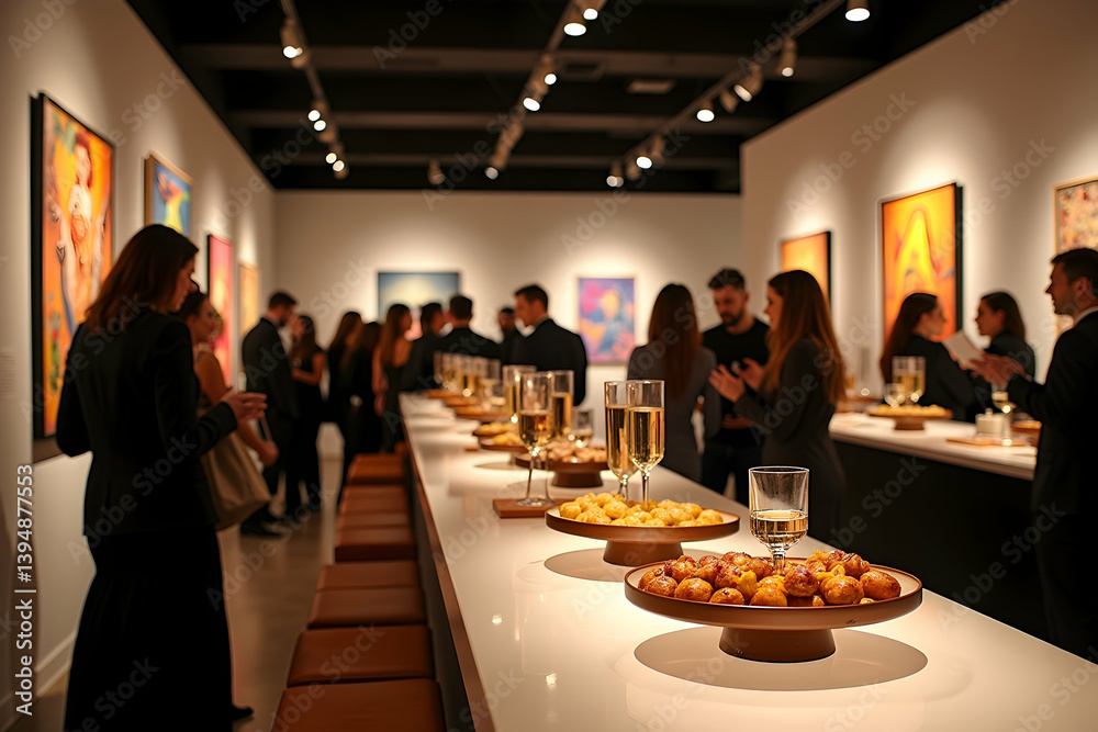 A sophisticated gallery opening showcasing modern art and stylish attendees, champagne flutes and delicate hors d'oeuvres adding to the ambiance of cultural appreciation