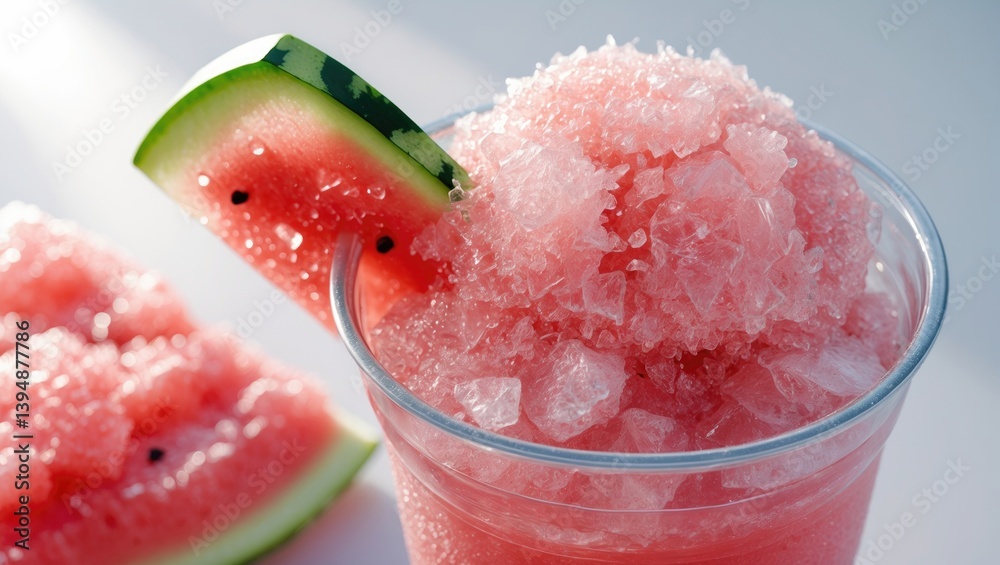 Close-up of a fresh watermelon smoothie in a glass against a white backdrop, healthy fruit beverage concept, selective focus Close-up of a fresh watermelon smoothie in a glass against a white backdrop, healthy fruit beverage concept, selective focus
