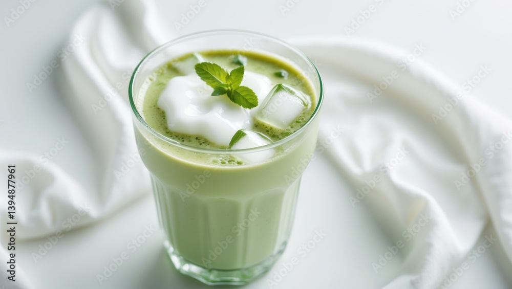 Glass filled with healthy drinks. Iced matcha latte featuring cold milk foam on top, isolated on a white background. Glass filled with healthy drinks. Iced matcha latte featuring cold milk foam on top, isolated on a white background.