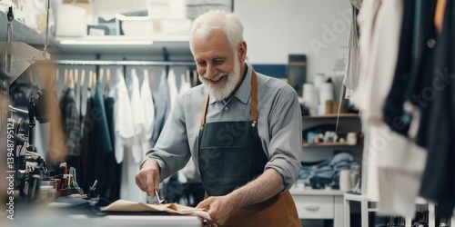 Senior tailor in his shop working on a garment with measuring tape around his neck and a gentle smile, in bright white modern interior.