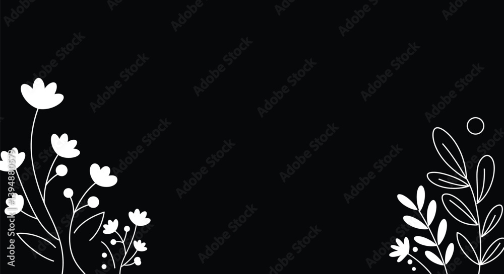 Obraz premium Black and white floral background. Elegant white floral patterns and leaves on a sleek black backdrop create a timeless and artistic design. Vector illustration wallpaper design.