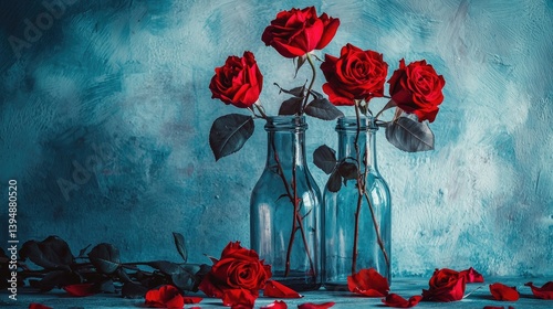 Sophisticated still life with blooming red roses in glass bottles, surrounded by velvet-like petals against a light blue background.