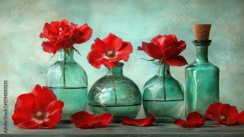 Sophisticated still life with blooming red roses in glass bottles, surrounded by velvet-like petals against a light blue background.