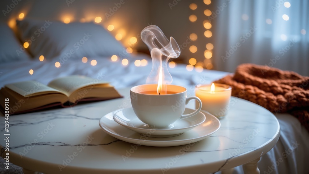 Fototapeta premium Marble table featuring coffee pot, tea cup, and burning candle in illuminated bedroom.