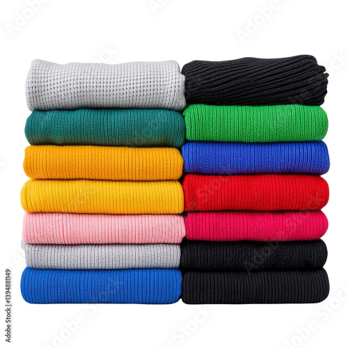 A stack of colorful knitted socks in a range of bright hues and geometric patterns neatly folded and arranged for an organized minimalist display