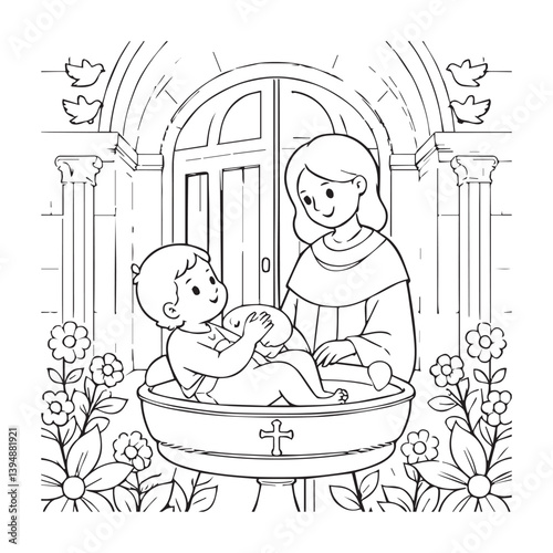 A black and white line art illustration of a simple and joyful baptism scene for young children, featuring a baby being held by a smiling adult in front of a church with a large, open door.