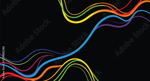 Black rainbow background. Colorful wavy lines on a sleek black backdrop create a striking and dynamic visual effect. Vector illustration wallpaper design.