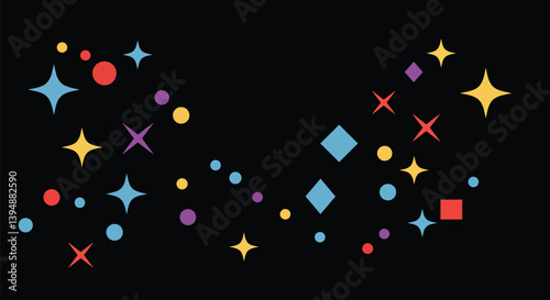 Black sparkle background. White, red, and blue geometric shapes and lines create a modern and vivid design on a sleek black backdrop. Vector illustration wallpaper design.