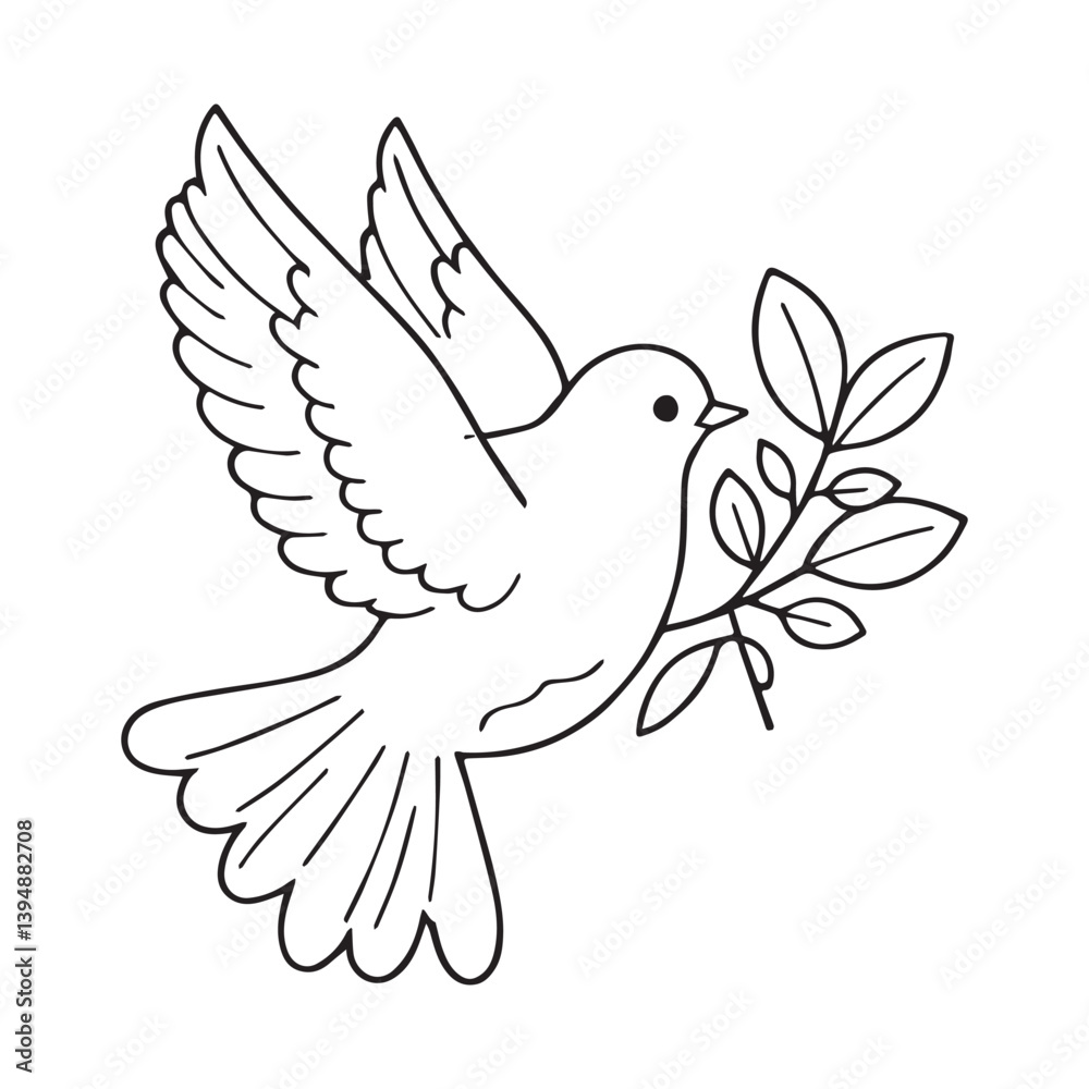 Obraz premium A black and white line art illustration of a dove as a Catholic symbol, with simple and thick outlines suitable for young children. 