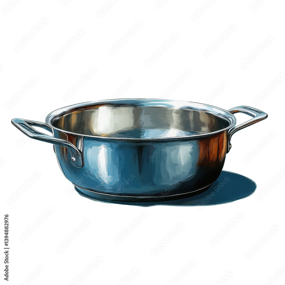A shiny stainless steel cooking pot with two handles showcased in a clean contemporary kitchen environment A shiny stainless steel cooking pot with two handles showcased in a clean contemporary kitchen environment