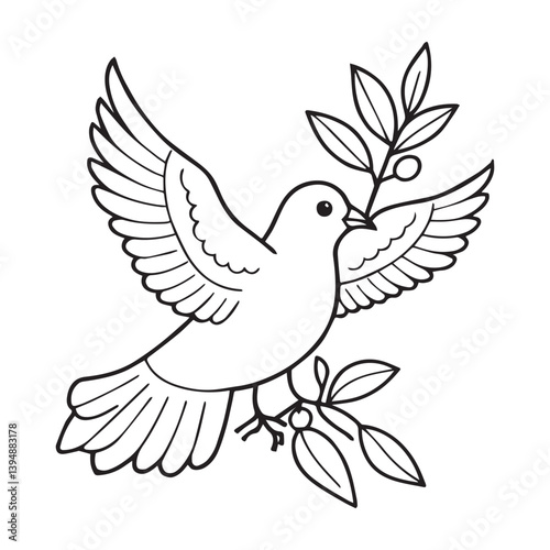 A black and white line art illustration of a dove as a Catholic symbol, with simple and thick outlines suitable for young children. 