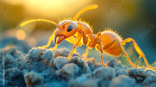 Obraz na płótnie Detailed close-up photography of an ant climbing along a blade of grass, with its tiny legs and antennae illuminated in the soft morning light. w salonie