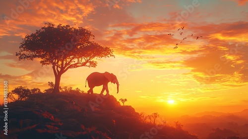 Elephant Silhouette at Sunset on a Hilltop with Birds in Flight