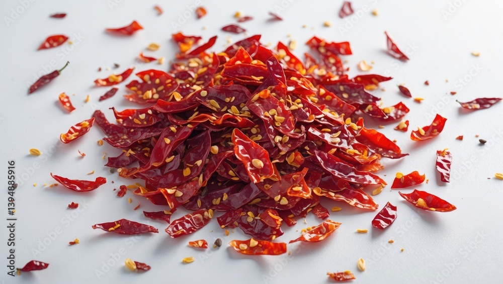 Fototapeta premium Dried chili seeds and flakes on a plain background