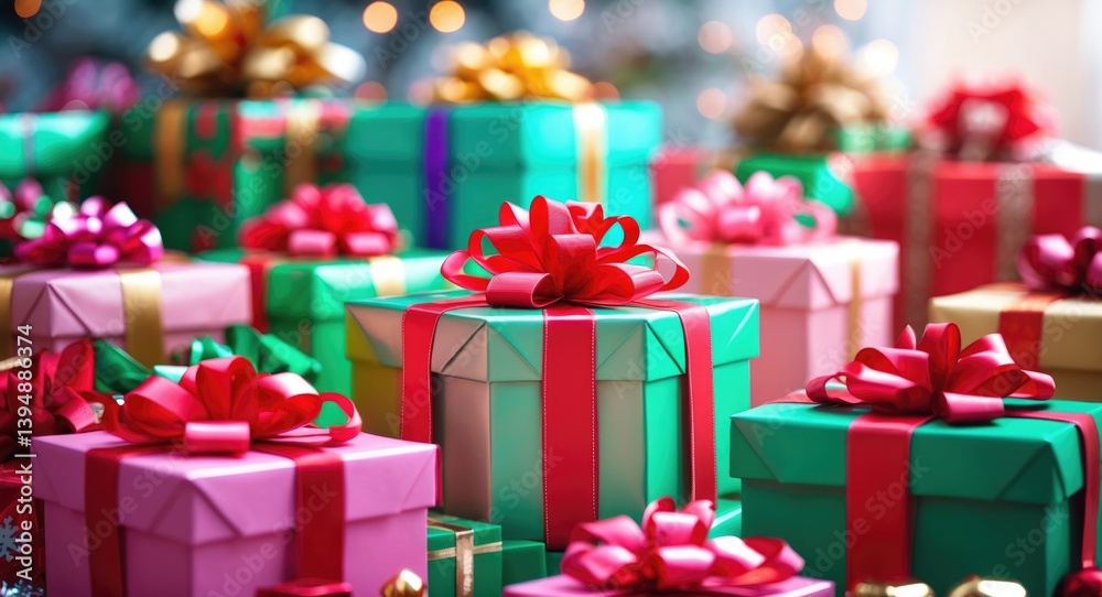 Fototapeta premium Zoomed-in image of assorted colorful gift boxes on a background