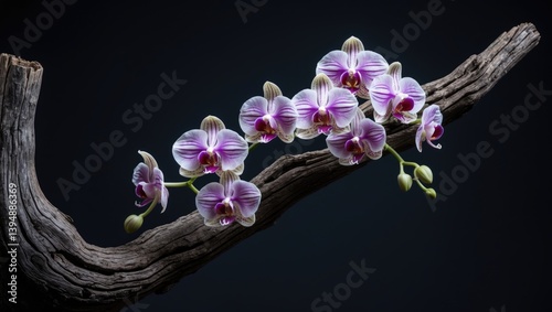 Detailed view of flowering tropical epiphytic orchid types thriving on wood against a black backdrop