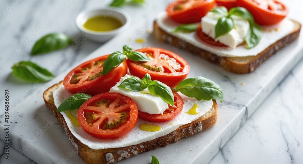 Tomato, cream cheese, olive oil, and basil sandwiches or toasts displayed on a white marble background. Traditional cuisine. Horizontal, top-down perspective, flat lay Tomato, cream cheese, olive oil, and basil sandwiches or toasts displayed on a white marble background. Traditional cuisine. Horizontal, top-down perspective, flat lay