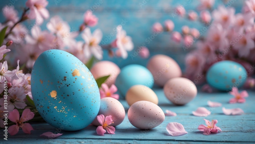 Obraz premium Easter-themed background showcasing eggs and blooming flowers. Bird's-eye view with space for copy