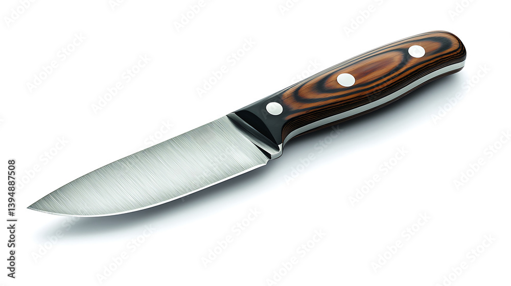 Fototapeta premium A sharp stainless steel paring knife with a decorative wood grain handle and silver rivets on a white background.