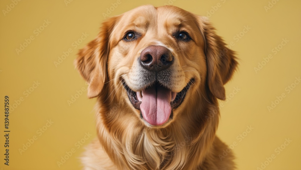 Fototapeta premium content adult golden retriever dog beaming against a yellow background