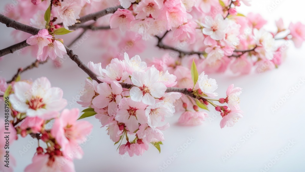 Serene cherry blossoms framing a natural border, studio set against a pristine white backdrop, panoramic view Serene cherry blossoms framing a natural border, studio set against a pristine white backdrop, panoramic view