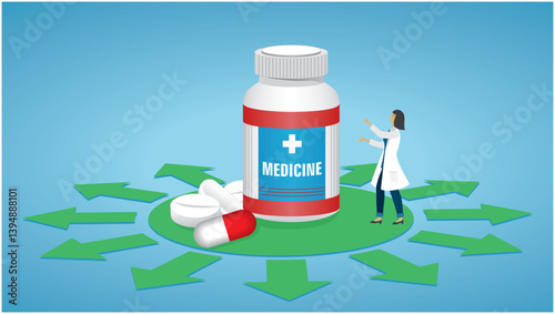 Woman with multiple choices about prescription medication. Dimension 16:9. Vector illustration.
