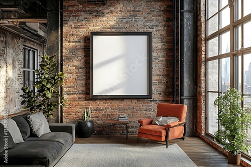 Industrial loft wall mockup showcasing a large bold frame against brick walls