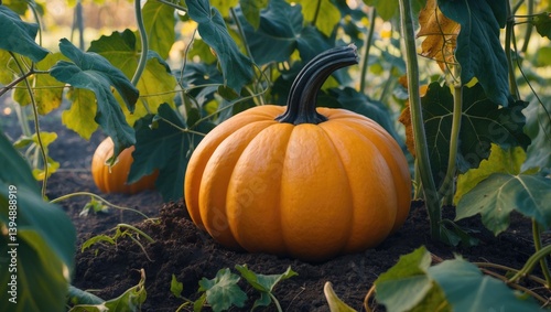 A ripe pumpkin amidst decaying leaves in a Dutch allotment garden during the fall season