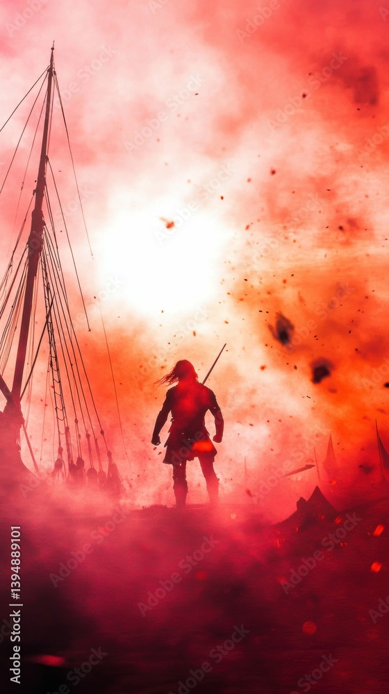 Fototapeta premium Epic battle silhouette of warrior at sunset with ships and red sky