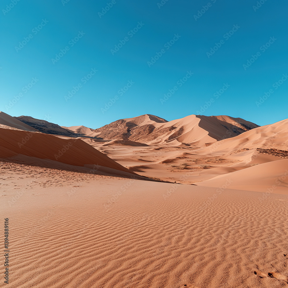 Desert landscape with sand dunes under blue sky Desert landscape with sand dunes under blue sky