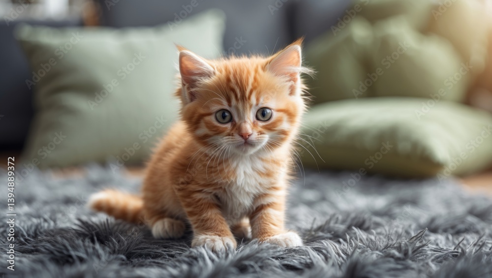 Cute domestic ginger kitten playfully resting on the rug. Cute domestic ginger kitten playfully resting on the rug.