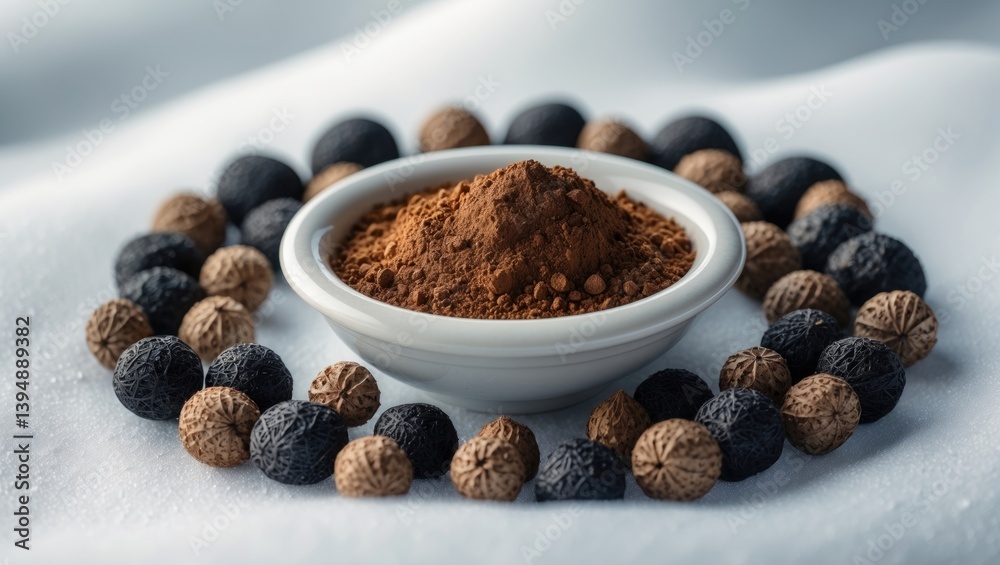 Dried Shikakai and Reetha OR Soapnut Powder in a Bowl, Focused Selectively Dried Shikakai and Reetha OR Soapnut Powder in a Bowl, Focused Selectively