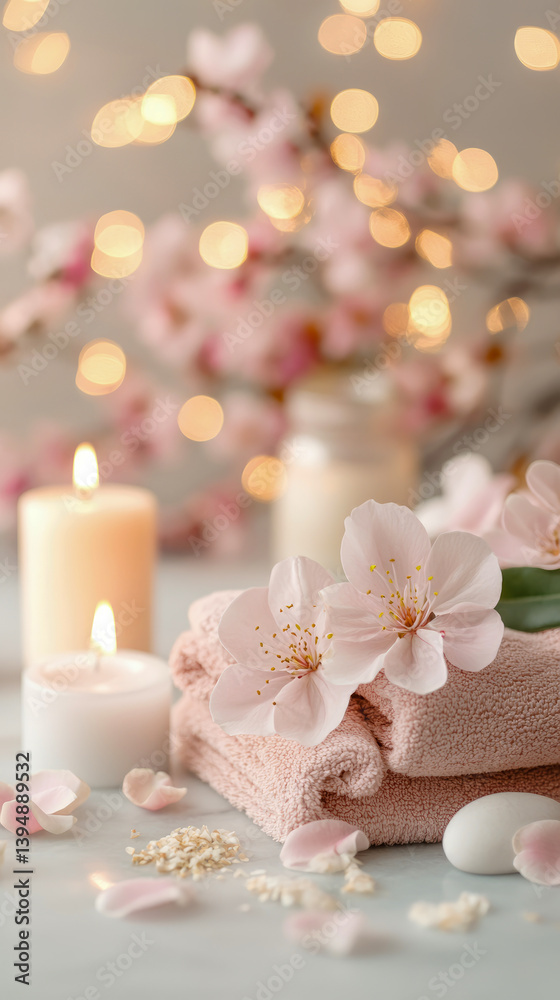 Spa Day Serenity: Blossom Adorned Towels and Candlelight for Relaxation Spa Day Serenity: Blossom Adorned Towels and Candlelight for Relaxation