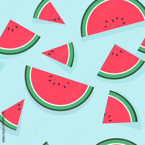 Summer Fruit Vector: Watermelon Slices on Light Blue. This graphic features a seamless pattern of refreshing watermelon wedges with seeds, rendered in a flat vector style on a light blue backdrop.